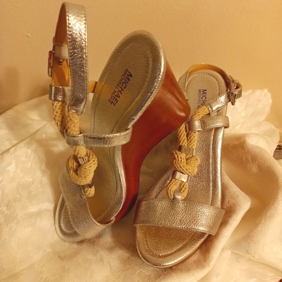 Michael Kors Shoes - Michael Kors silver Holly rope wedge size 7